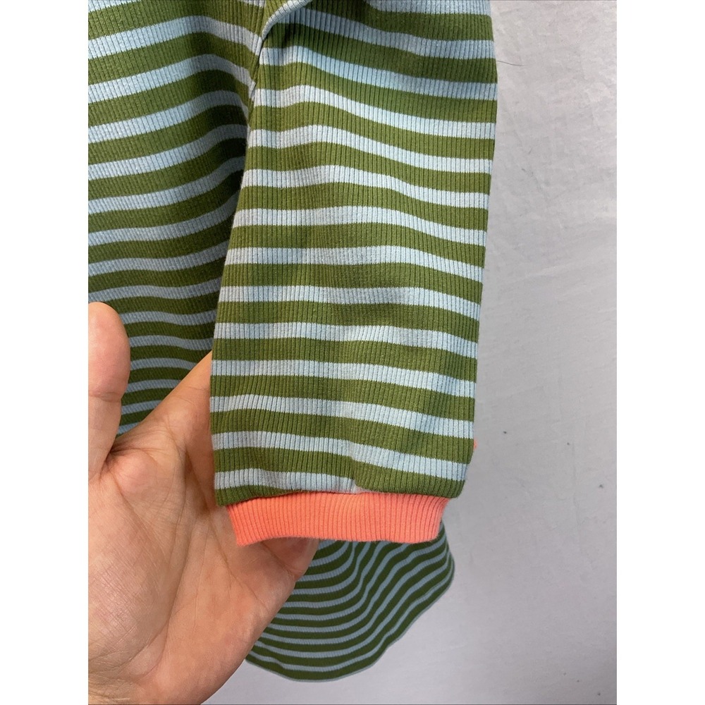 Maeve Green and Cream Striped Puff Sleeve Top with Coral Trim - Picture 4 of 10